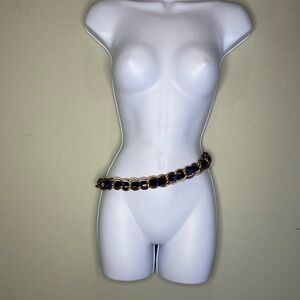 Blue satin ribbon and metal chain tie belt